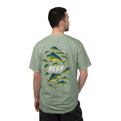 Man wearing a sage green Mahi Frenzy Tee by Reef Supply featuring a colorful mahi-mahi graphic.