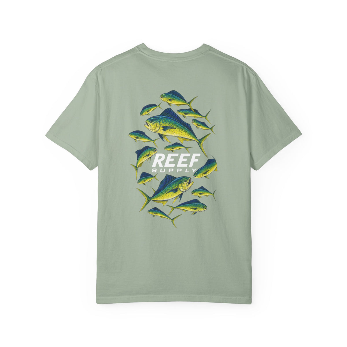 Light green Reef brand t-shirt featuring a colorful Mahi Mahi fish pattern.