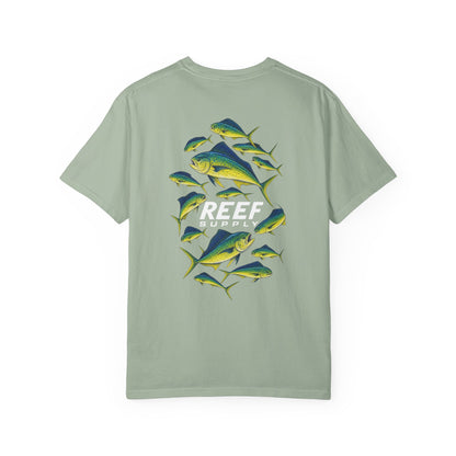 Light green Reef brand t-shirt featuring a colorful Mahi Mahi fish pattern.
