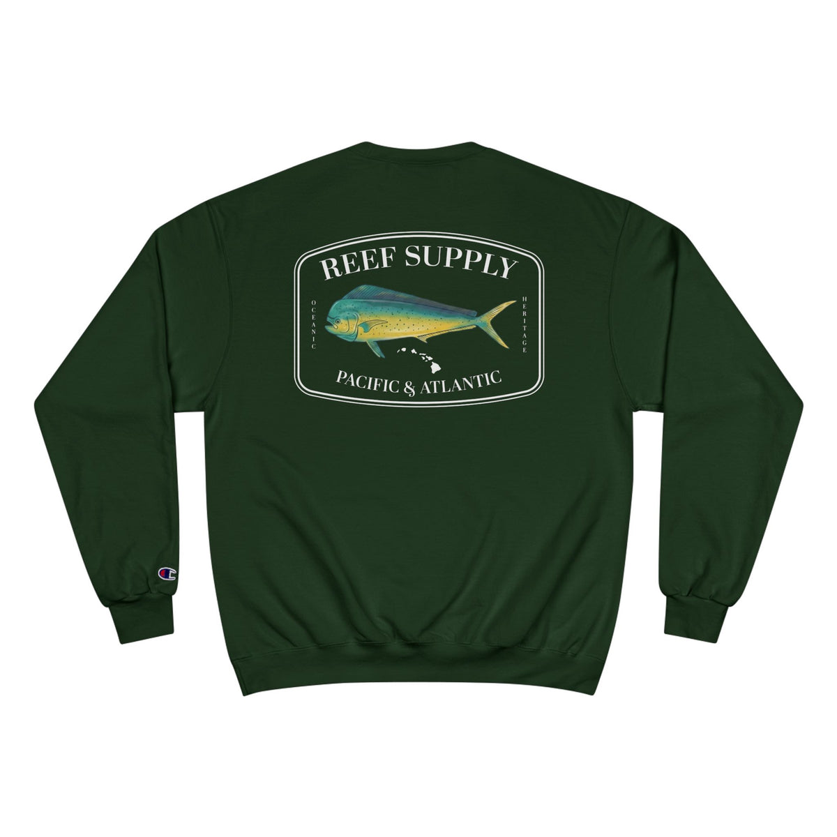 Back view of a dark green Reef Supply Champion crewneck featuring a mahi mahi graphic.