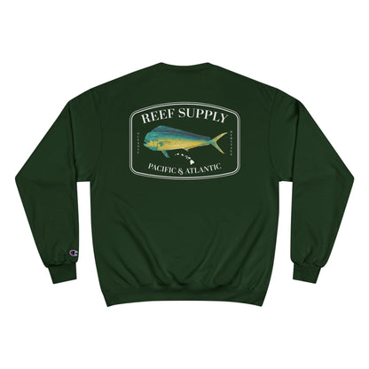 Back view of a dark green Reef Supply Champion crewneck featuring a mahi mahi graphic.