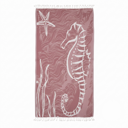 Pink Sea Horse Turkish  Beach Towel Sand Resistant & Quick Drying Travel Friendly