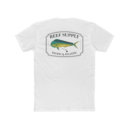 Reef Supply Co white mahi mahi fishing t shirt featuring colorful dolphin fish artwork inspired by offshore saltwater fishing
