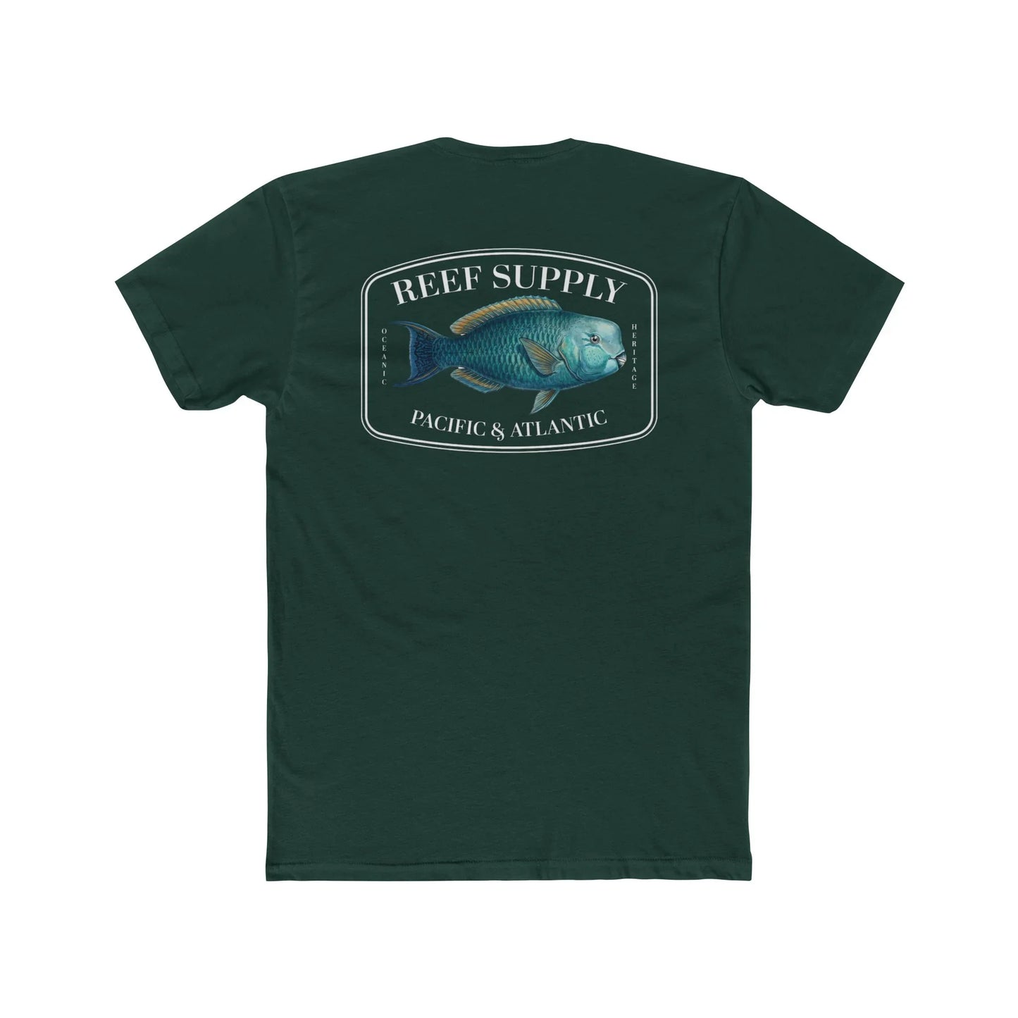 A close-up view of the back of a forest green premium cotton t-shirt. The centerpiece is a detailed, vibrant illustration of a blue Parrotfish, reflecting its natural colors. The Reef Supply brand logo is arched over the top of the fish, with 'Pacific & Atlantic' text printed in a clean font beneath it, highlighting our coastal inspiration