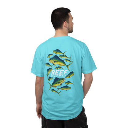 Light blue Reef Supply Mahi Frenzy Tee featuring a pattern of vibrant mahi mahi fish.
