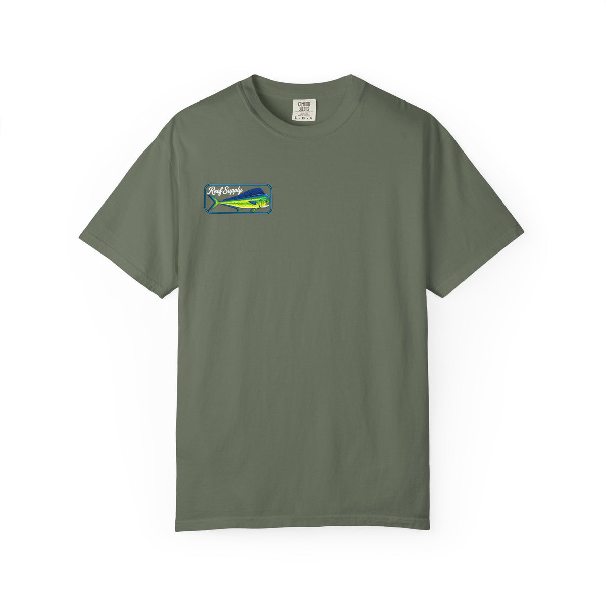 Olive green Reef Supply Mahi Frenzy Tee with a colorful mahi-mahi fish logo on the chest.