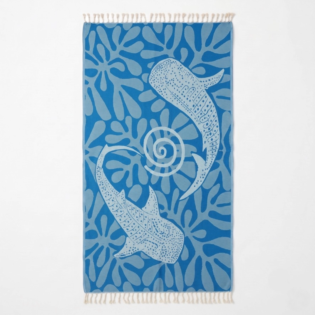 Caribbean Blue Whale Shark Turkish  Beach Towel Sand Resistant & Quick Drying Travel Friendly