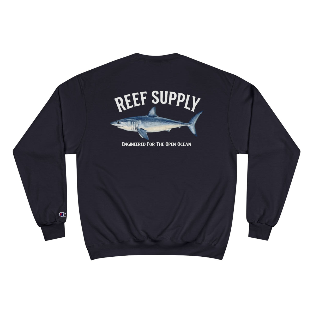 Back view of a navy Reef Supply crewneck sweatshirt featuring a Mako shark graphic.
