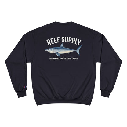 Back view of a navy Reef Supply crewneck sweatshirt featuring a Mako shark graphic.