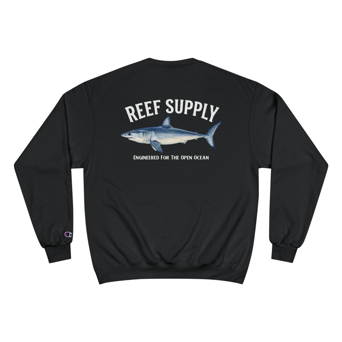 Back view of a black Reef Supply Champion Mako Crewneck featuring a shark illustration.