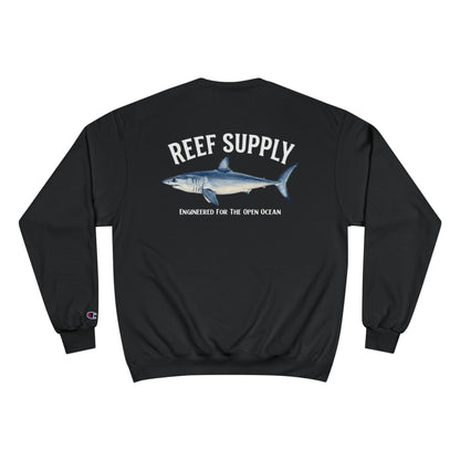 Back view of a black Reef Supply Champion Mako Crewneck featuring a shark illustration.