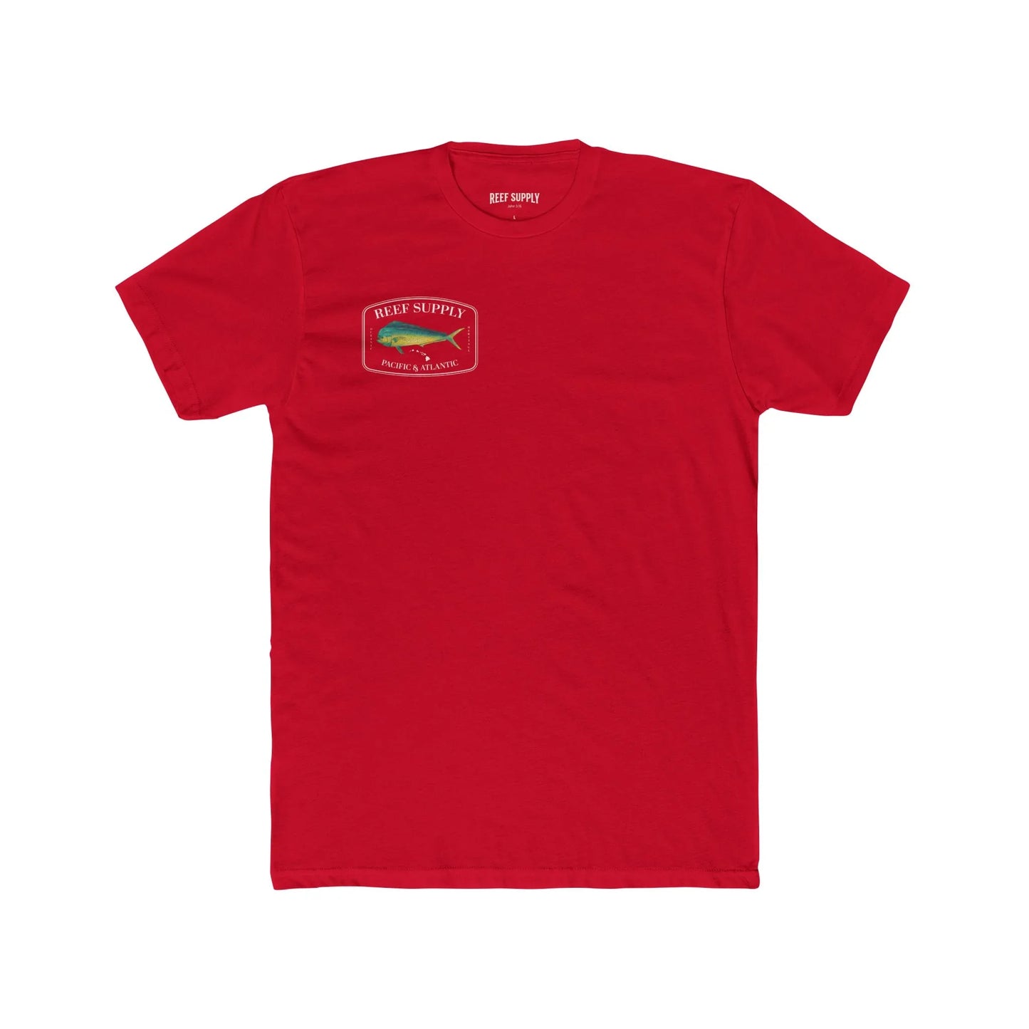 Reef Supply Co red front mahi mahi fishing t shirt featuring colorful dolphin fish artwork inspired by offshore saltwater fishing
