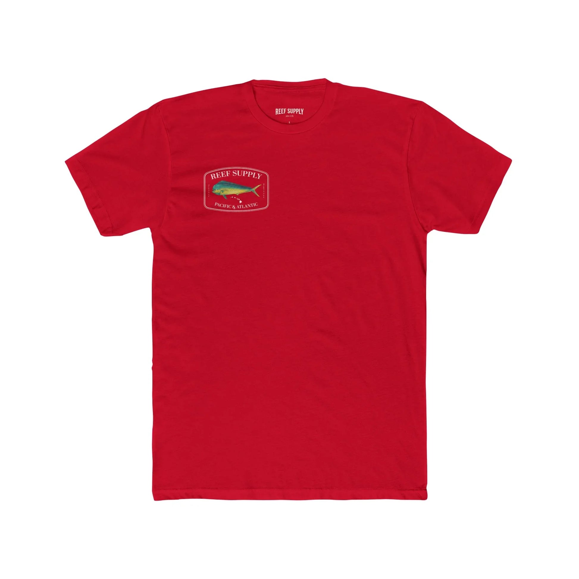 Reef Supply Co red front mahi mahi fishing t shirt featuring colorful dolphin fish artwork inspired by offshore saltwater fishing
