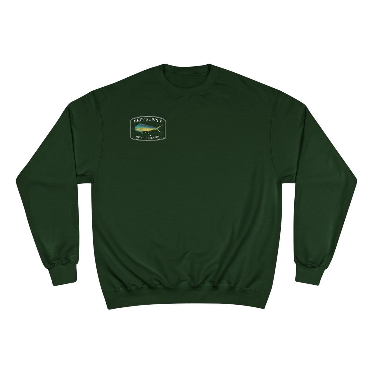 Dark green Reef Supply crewneck sweatshirt featuring a Mahi fish logo on the chest.