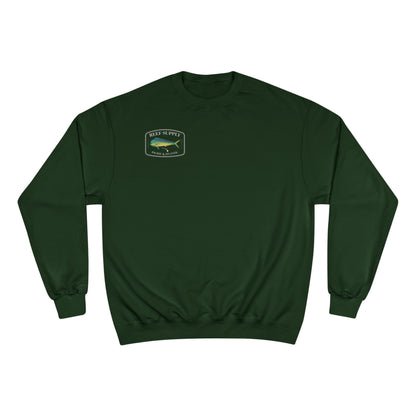 Dark green Reef Supply crewneck sweatshirt featuring a Mahi fish logo on the chest.