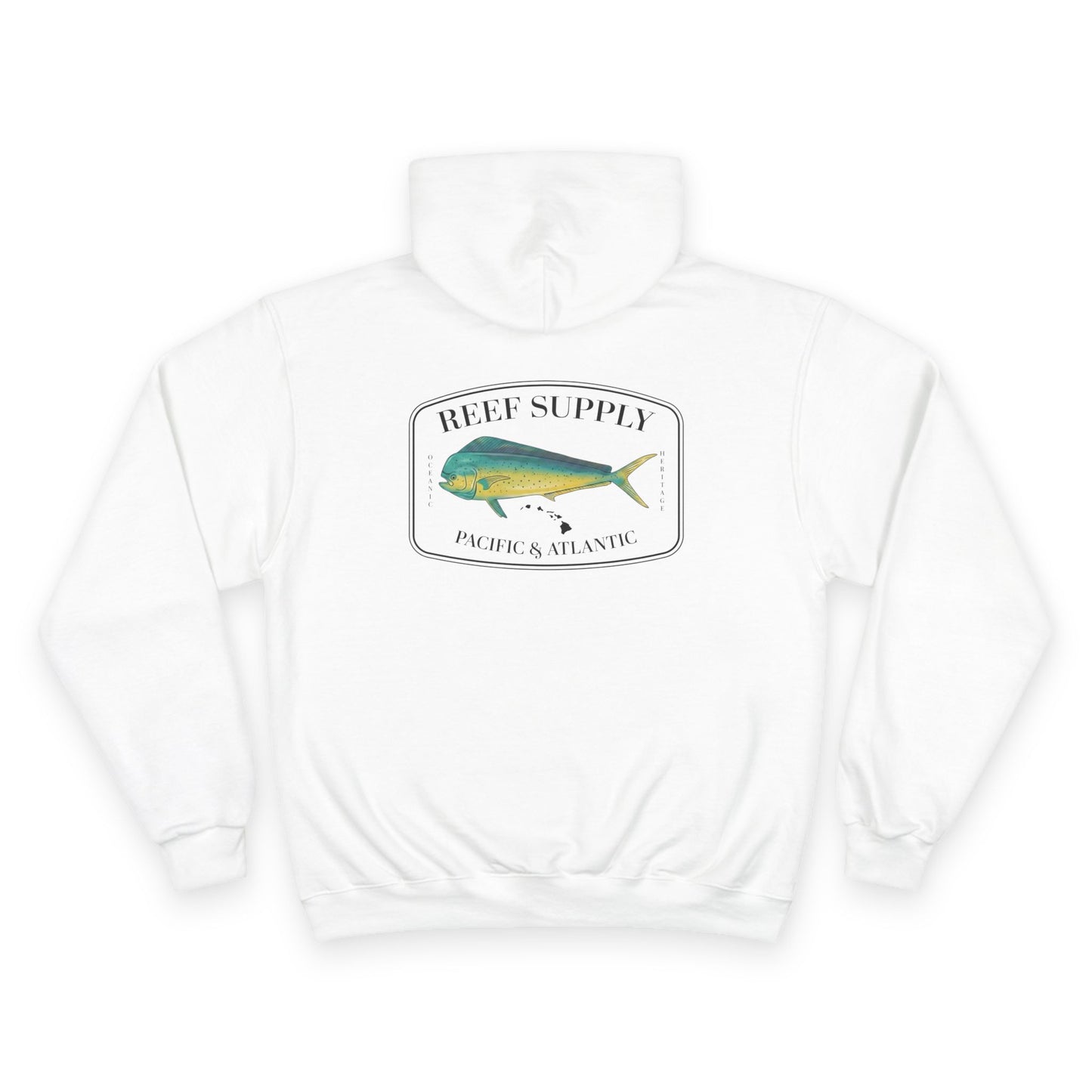The back of a premium Champion white pullover hoodie, crafted for those who respect the sea. It features a bold, high-definition print of a vibrant Mahi Mahi—a tribute to the thrill of the offshore hunt. Paired with 'Reef Supply' coastal branding and the iconic 'Pacific & Atlantic' call-out, this Champion-quality garment delivers the durability needed for the marina and the style of a dedicated angler