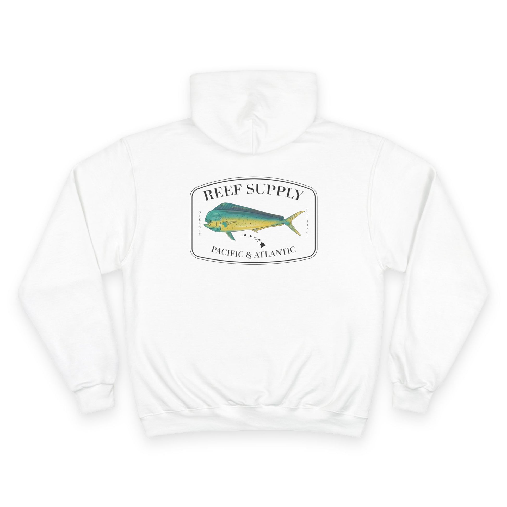 The back of a premium Champion white pullover hoodie, crafted for those who respect the sea. It features a bold, high-definition print of a vibrant Mahi Mahi—a tribute to the thrill of the offshore hunt. Paired with 'Reef Supply' coastal branding and the iconic 'Pacific & Atlantic' call-out, this Champion-quality garment delivers the durability needed for the marina and the style of a dedicated angler