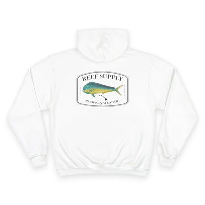 The back of a premium Champion white pullover hoodie, crafted for those who respect the sea. It features a bold, high-definition print of a vibrant Mahi Mahi—a tribute to the thrill of the offshore hunt. Paired with 'Reef Supply' coastal branding and the iconic 'Pacific & Atlantic' call-out, this Champion-quality garment delivers the durability needed for the marina and the style of a dedicated angler