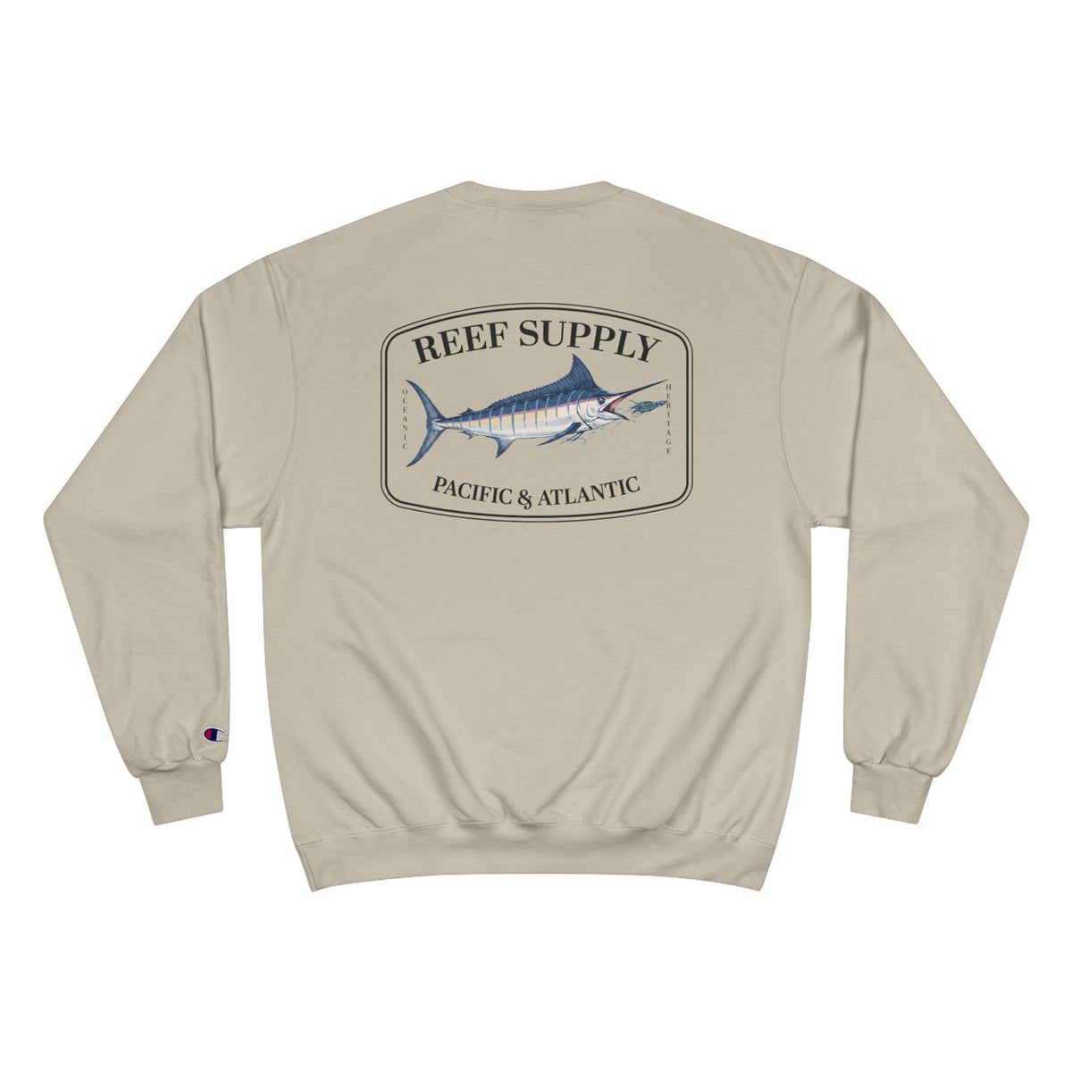 Back view of a tan Reef Supply marlin crewneck sweatshirt featuring a vintage fish graphic.