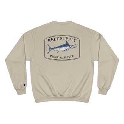 Back view of a tan Reef Supply marlin crewneck sweatshirt featuring a vintage fish graphic.