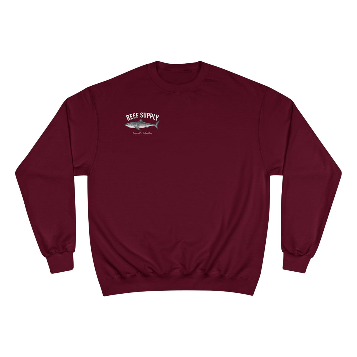 Maroon Reef Supply crewneck sweatshirt featuring a Great White shark graphic.