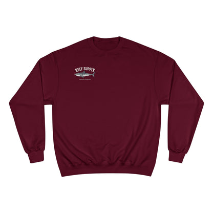 Maroon Reef Supply crewneck sweatshirt featuring a Great White shark graphic.
