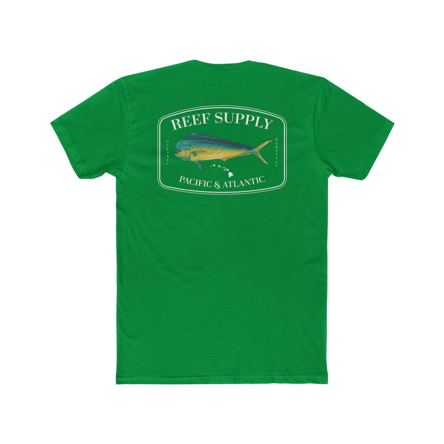 Reef Supply Co green mahi mahi fishing t shirt featuring colorful dolphin fish artwork inspired by offshore saltwater fishing
