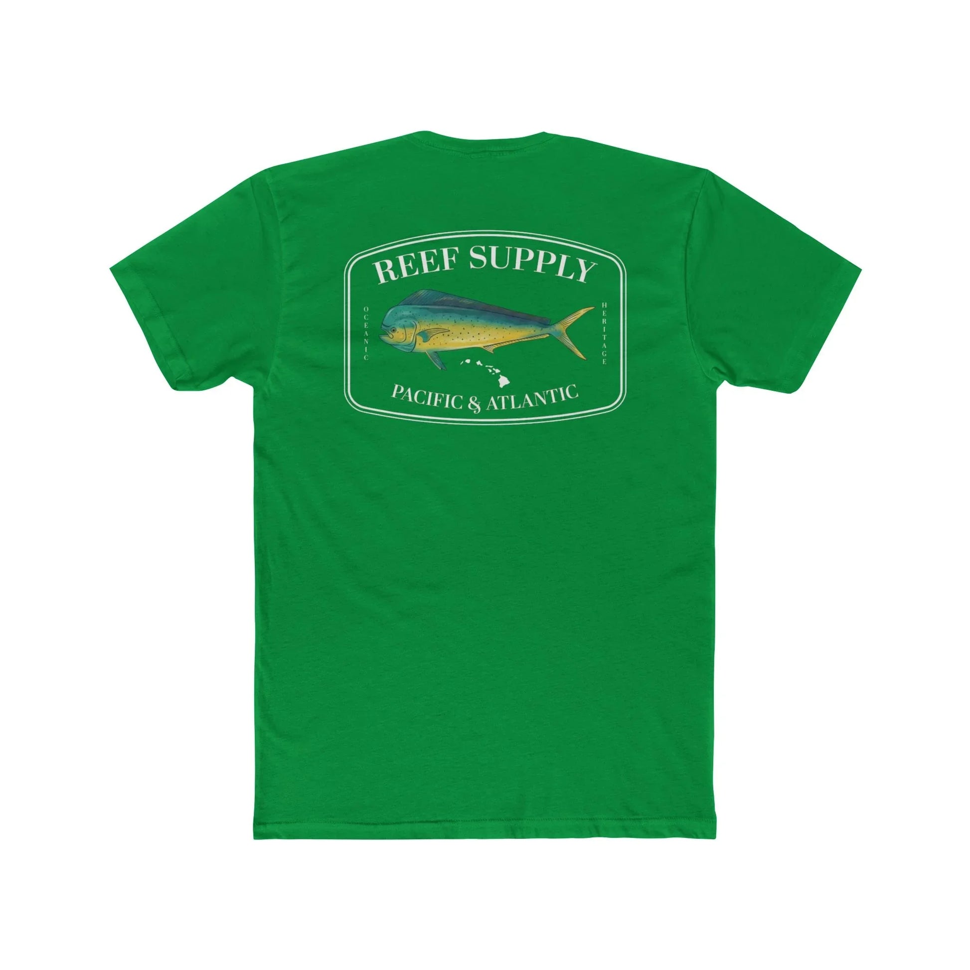 Reef Supply Co green mahi mahi fishing t shirt featuring colorful dolphin fish artwork inspired by offshore saltwater fishing
