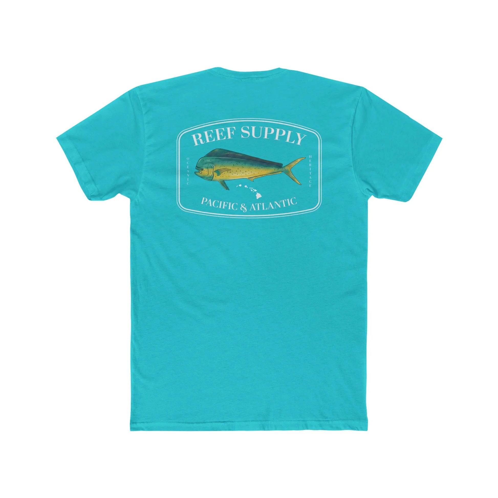 Reef Supply Co tahiti blue mahi mahi fishing t shirt featuring colorful dolphin fish artwork inspired by offshore saltwater fishing
