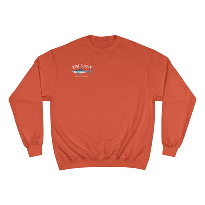 Rust orange Reef Supply crewneck sweatshirt featuring a Mako shark graphic on the chest.