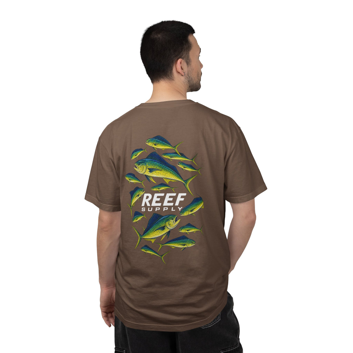 Back view of a brown Reef Supply Mahi Frenzy Tee featuring a colorful mahi-mahi fish graphic.