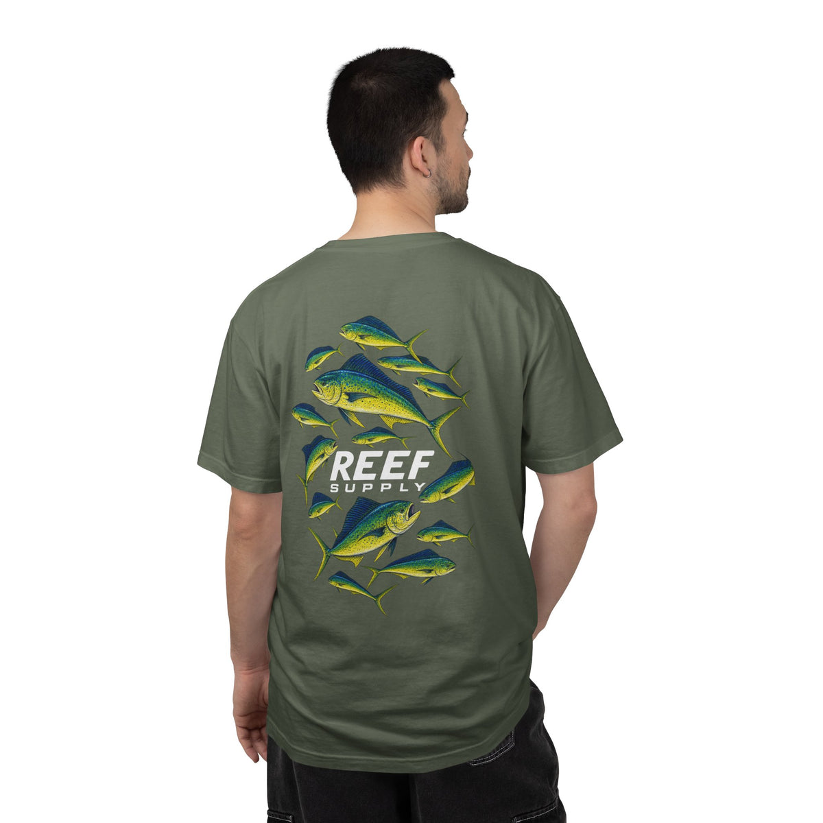 Back view of a person wearing the Reef Supply Mahi Frenzy Tee in olive green with mahi mahi art.