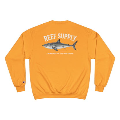 Back view of a yellow Reef Supply crewneck sweatshirt featuring a great white shark graphic.