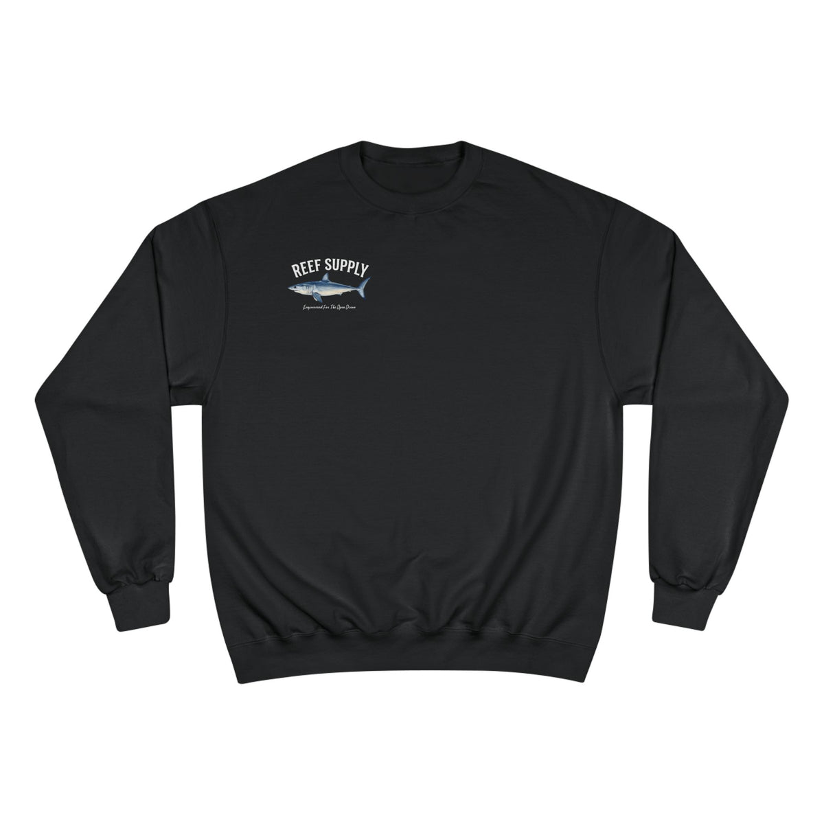 Black Reef Supply crewneck sweatshirt featuring a Mako shark graphic and text.