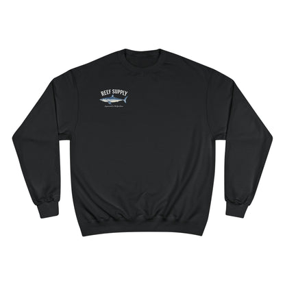 Black Reef Supply crewneck sweatshirt featuring a Mako shark graphic and text.