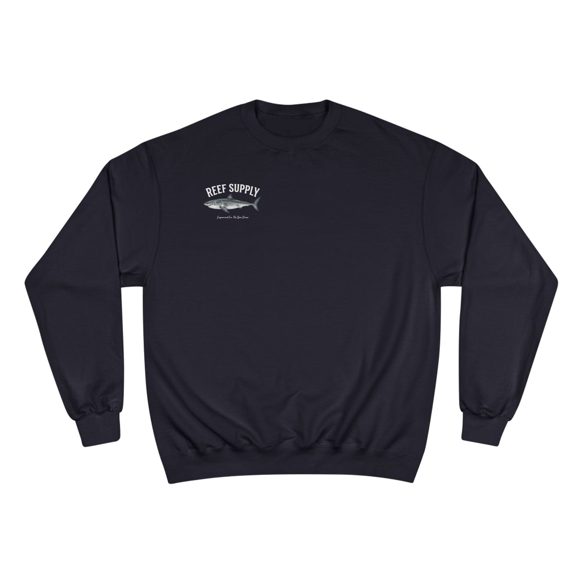 Navy blue Reef Supply crewneck sweatshirt featuring a great white shark graphic.