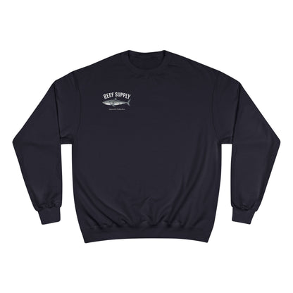 Navy blue Reef Supply crewneck sweatshirt featuring a great white shark graphic.