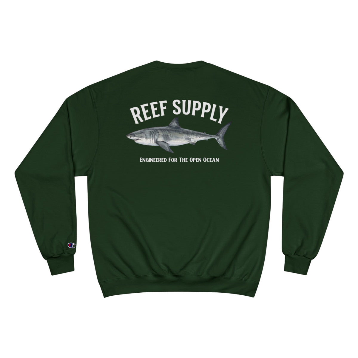 Back of a dark green Reef Supply crewneck sweatshirt featuring a great white shark graphic.