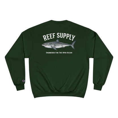 Back of a dark green Reef Supply crewneck sweatshirt featuring a great white shark graphic.