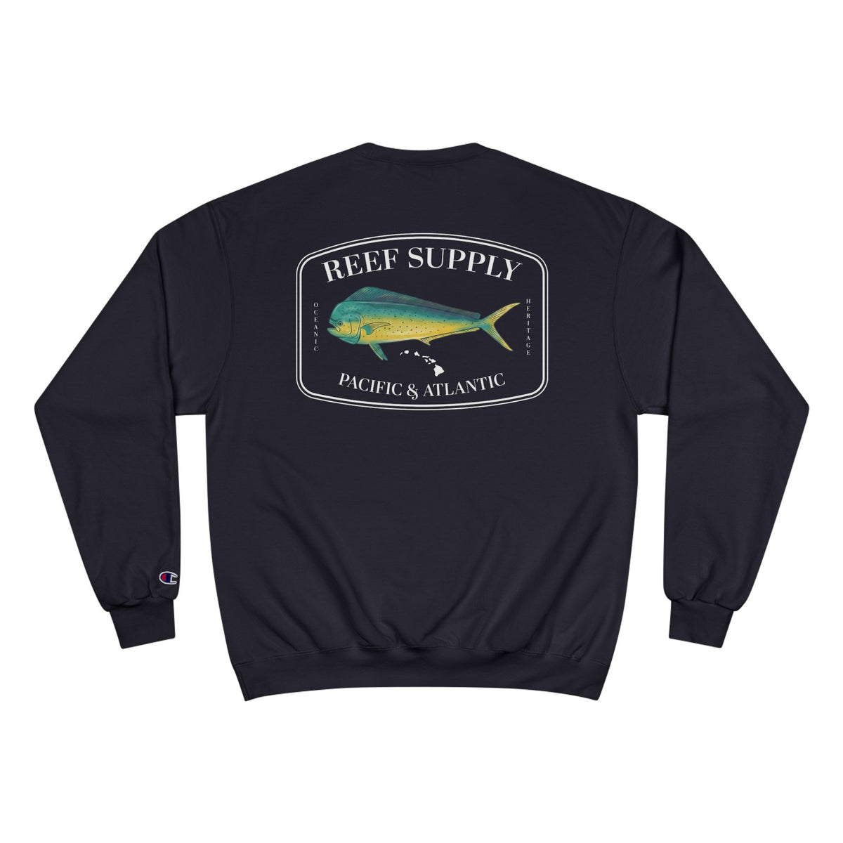 Back view of a black Reef Supply mahi mahi graphic crewneck sweatshirt