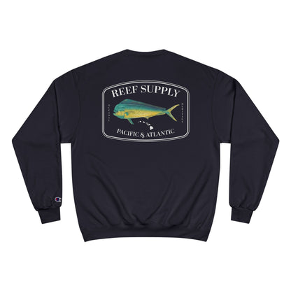 Back view of a black Reef Supply mahi mahi graphic crewneck sweatshirt