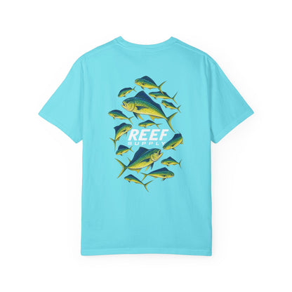 Light blue Reef Supply tee featuring a Mahi Mahi fish frenzy graphic.