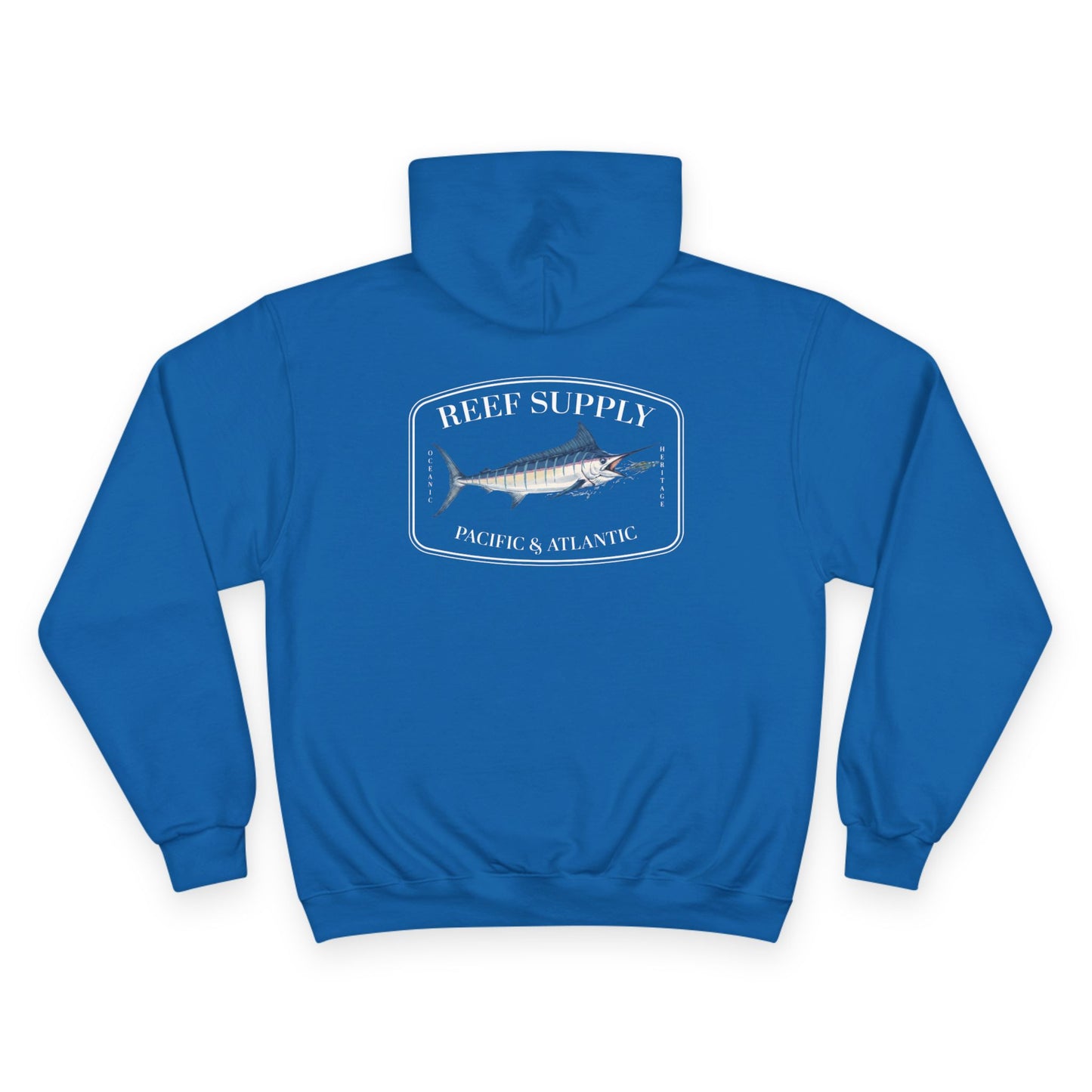 Front of a blue Champion - Reef Supply Marlin Fish Hoodie - blue