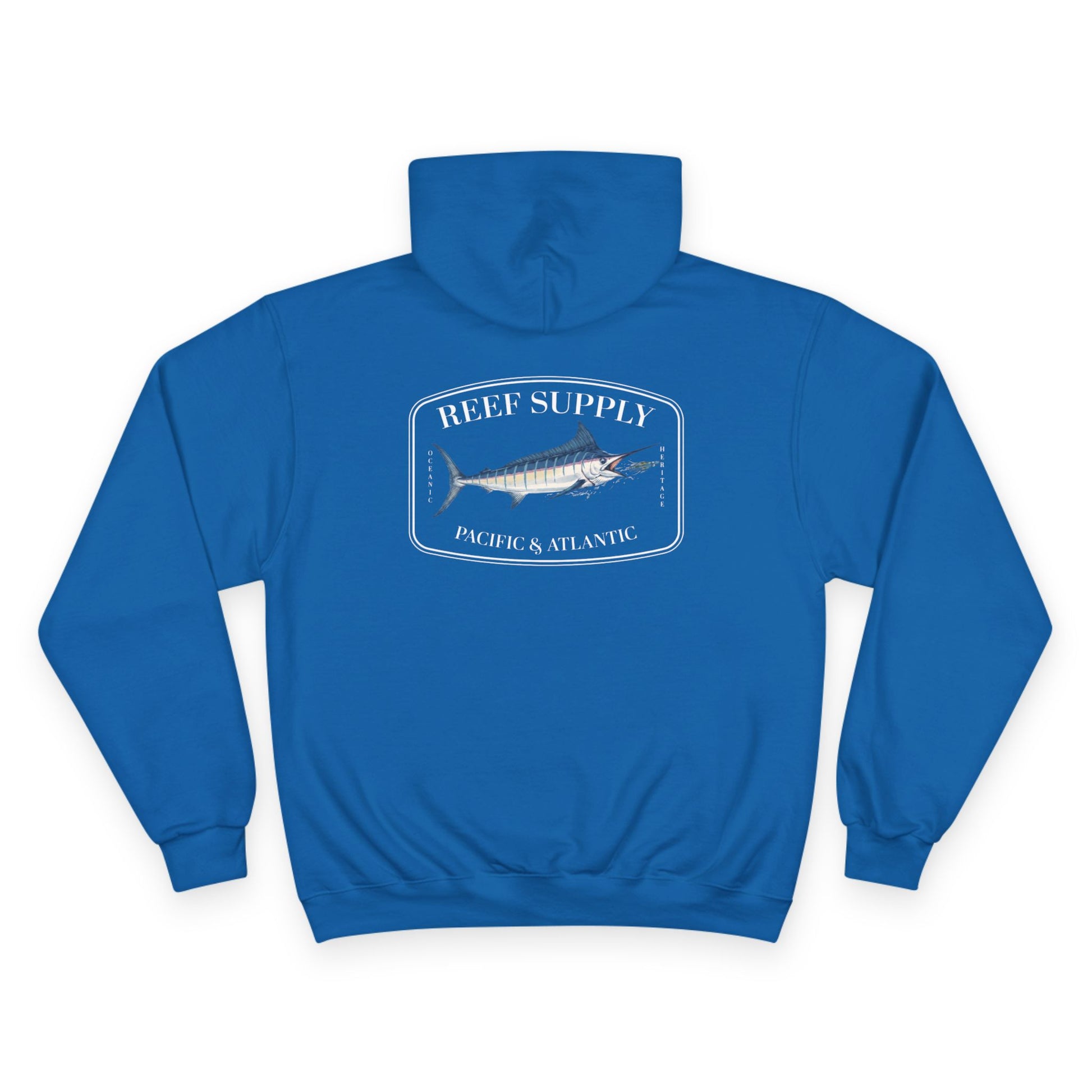 Front of a blue Champion - Reef Supply Marlin Fish Hoodie - blue