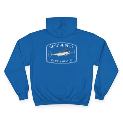Front of a blue Champion - Reef Supply Marlin Fish Hoodie - blue