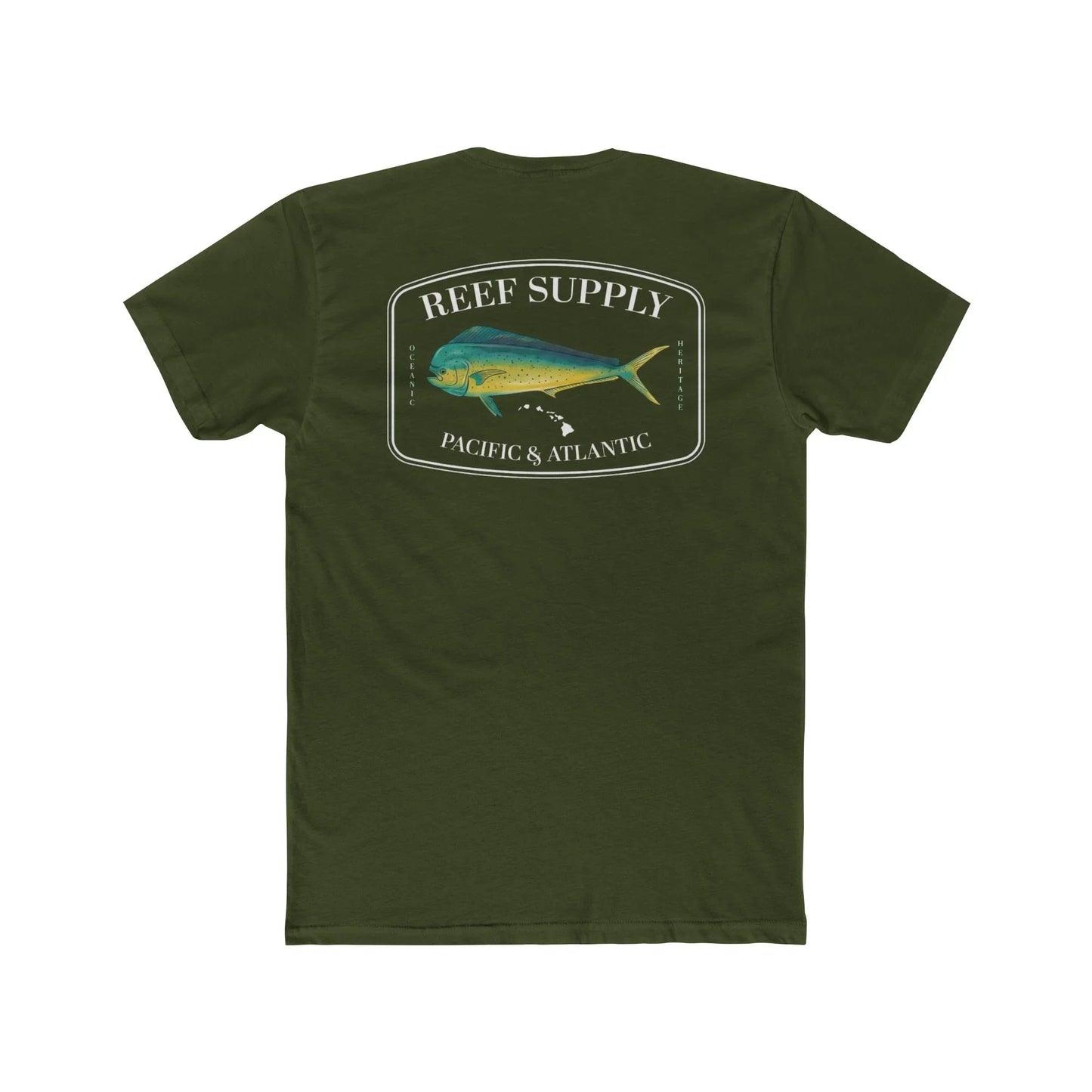 Reef Supply Co olive green mahi mahi fishing t shirt featuring colorful dolphin fish artwork inspired by offshore saltwater fishing
