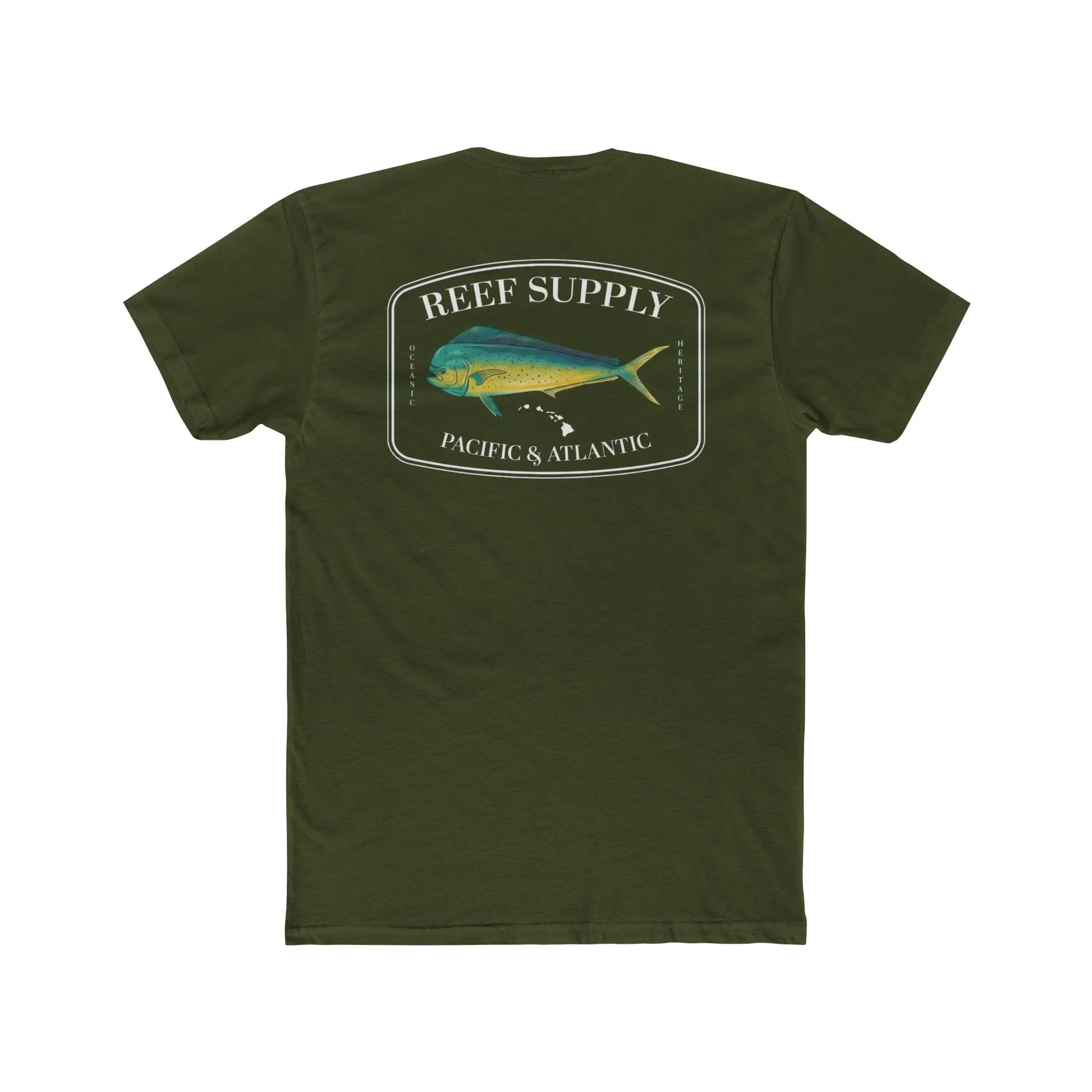 Reef Supply Co olive green mahi mahi fishing t shirt featuring colorful dolphin fish artwork inspired by offshore saltwater fishing
