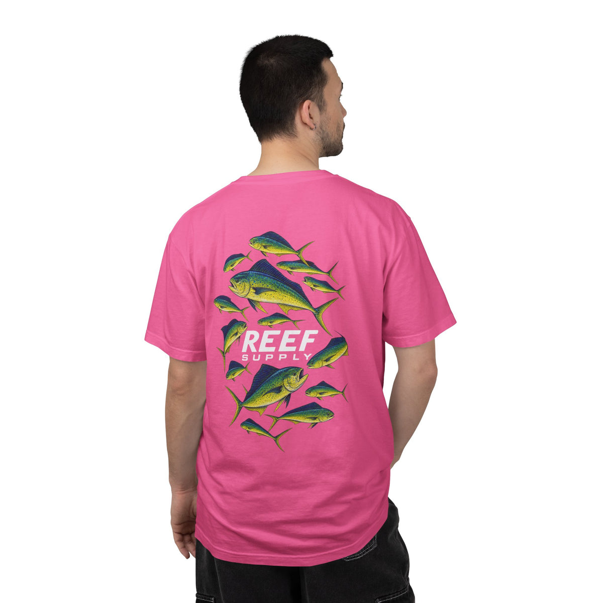 Pink Reef Supply Co t-shirt featuring a graphic print of colorful Mahi Mahi fish.