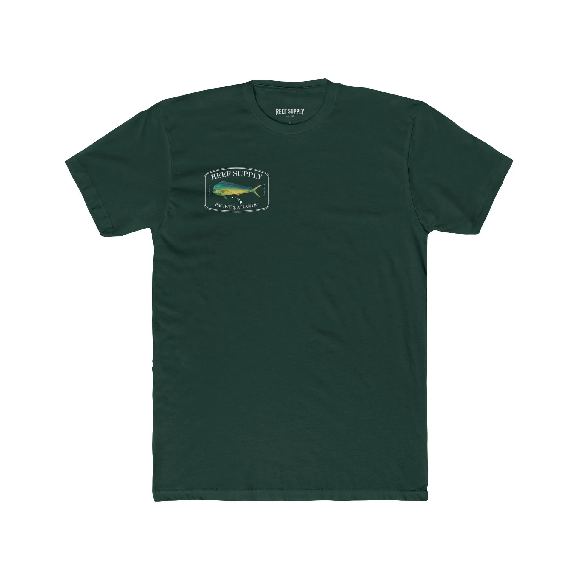 Reef Supply Co olive green front mahi mahi fishing t shirt featuring colorful dolphin fish artwork inspired by offshore saltwater fishing
