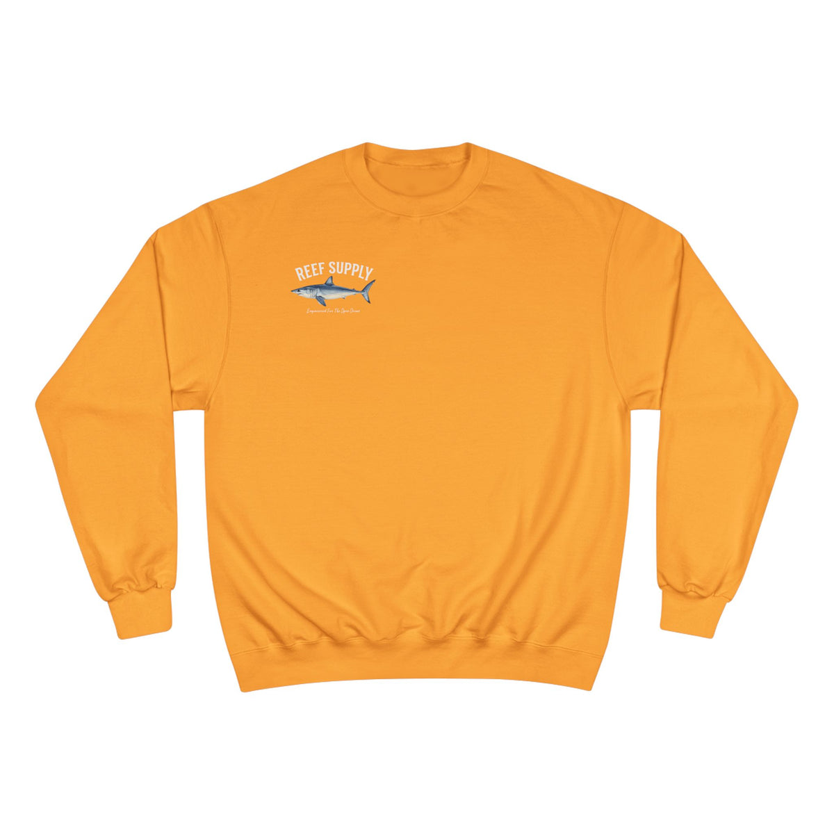 Orange Champion Mako Crewneck sweatshirt featuring a shark graphic and Reef Supply Co logo